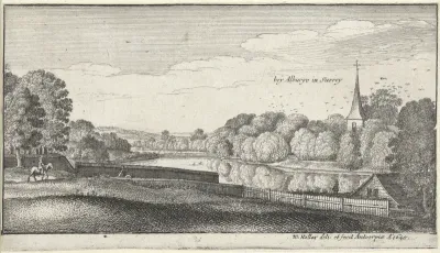 Rivierlandschap met kerk nabij Albury