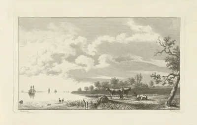 Rivierlandschap met koeien aan de waterkant