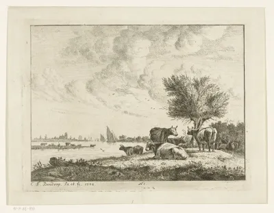 Rivierlandschap met koeien bij wilg op oever