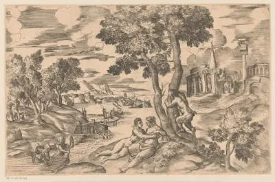 Rivierlandschap met liefdespaar en een sater