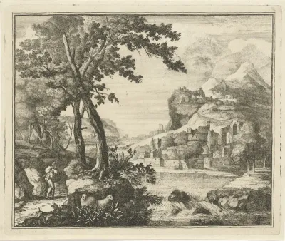 Rivierlandschap met man en kind aan de wandel