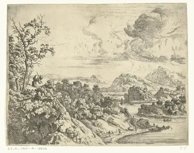 Rivierlandschap met man met pak op zijn rug