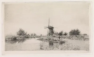 Rivierlandschap met molen