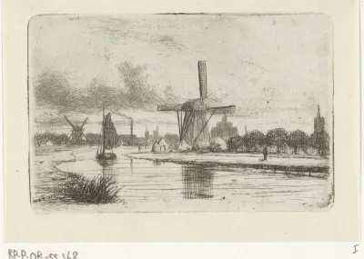 Rivierlandschap met molens