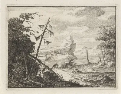 Rivierlandschap met naaldbomen en wandelaars