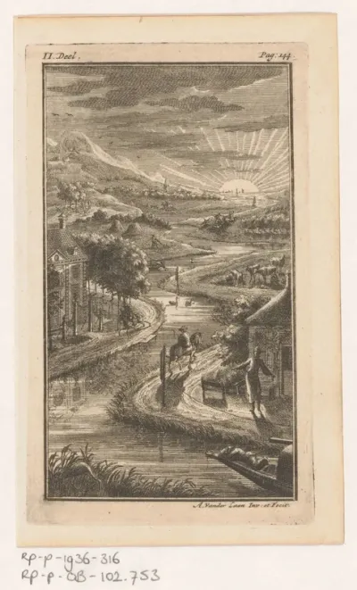 Rivierlandschap met ondergaande zon