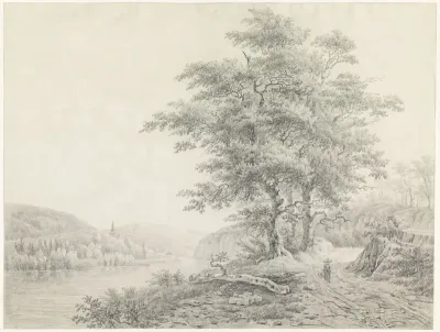Rivierlandschap met op een landweg een vrouw met een hond