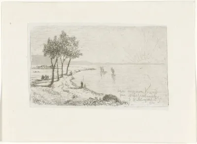 Rivierlandschap met opkomende zon