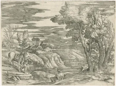 Rivierlandschap met paard aan leidsels
