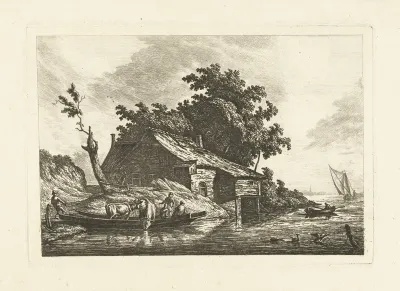 Rivierlandschap met pont bij oever