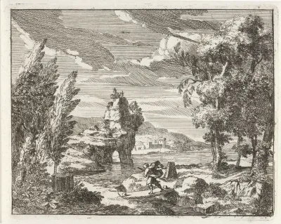 Rivierlandschap met reiziger