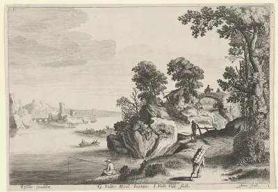 Rivierlandschap met reizigers op landweg