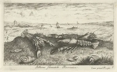 Rivierlandschap met rivierkreeften op de voorgrond