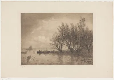Rivierlandschap met roeiboot en bomen