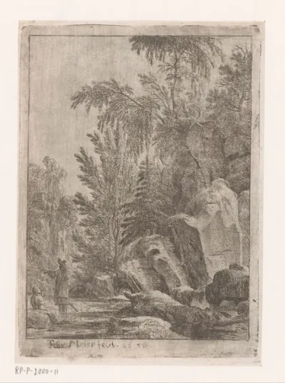 Rivierlandschap met rots en twee figuren