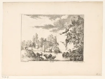 Rivierlandschap met rotswand en herder