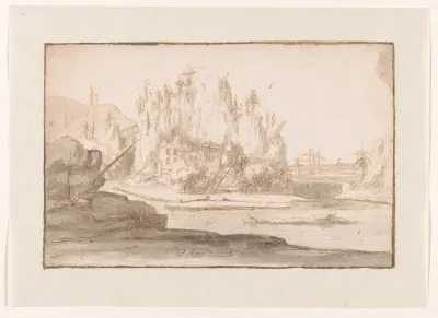 Rivierlandschap met ruïne en waterval