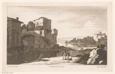 Rivierlandschap met ruïne met boogbrug