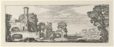 Rivierlandschap met ruïne van een kasteel