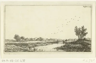 Rivierlandschap met ruiter bij een brug
