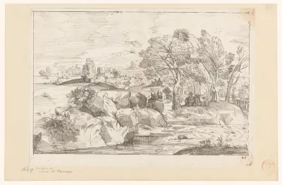 Rivierlandschap met rustende figuren