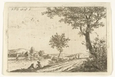 Rivierlandschap met rustende mannen op oever