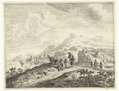 Rivierlandschap met rustende reizigers