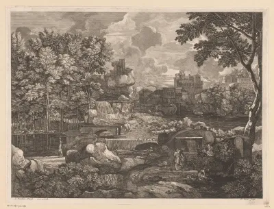 Rivierlandschap met schaapskudde en op de achtergrond enkele gebouwen