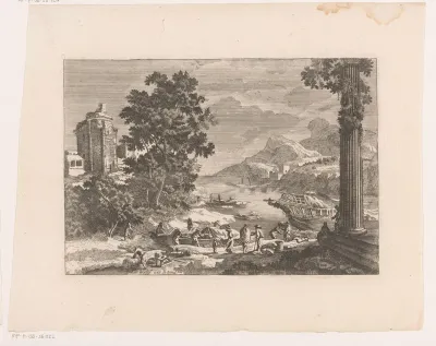 Rivierlandschap met schepen en een ruïne