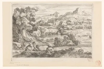 Rivierlandschap met spelende figuren
