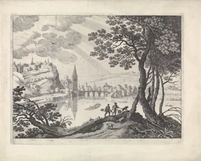 Rivierlandschap met stad en twee jagers