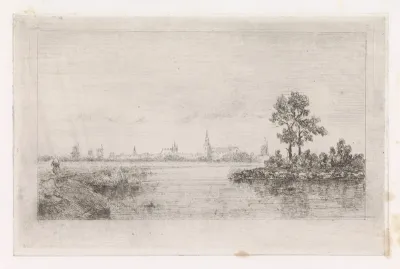 Rivierlandschap met stadsprofiel