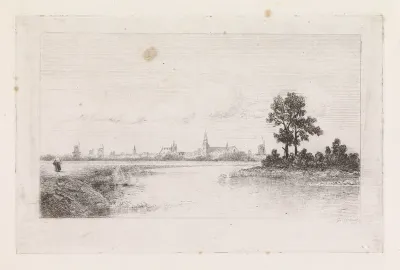 Rivierlandschap met stadsprofiel