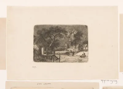 Rivierlandschap met steiger, roeiboot en brug