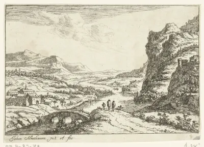 Rivierlandschap met stenen brug