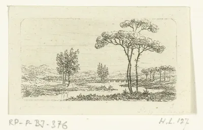 Rivierlandschap met stenen brug