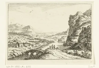 Rivierlandschap met stenen brug