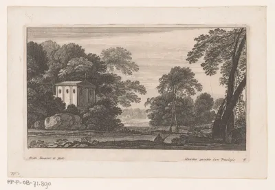 Rivierlandschap met tempel en visser