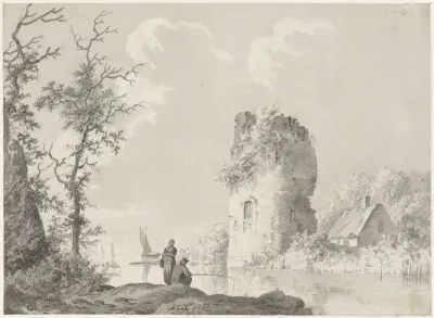 Rivierlandschap met toren en hengelaar