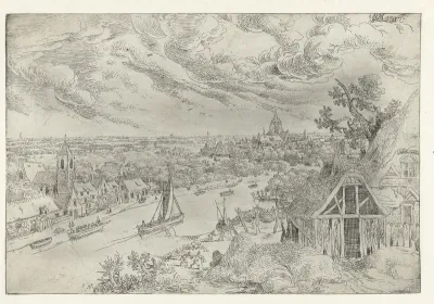 Rivierlandschap met trekschuit en netvissers
