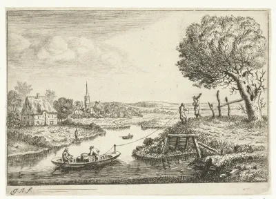 Rivierlandschap met trekschuit
