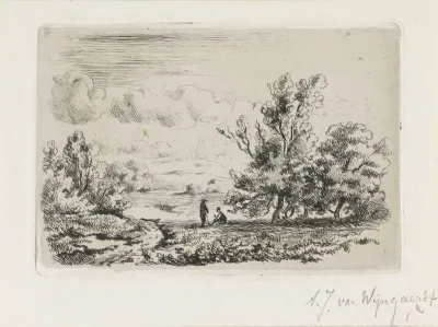 Rivierlandschap met twee figuren onder een boom