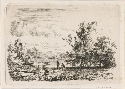 Rivierlandschap met twee figuren onder een boom