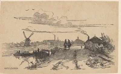 Rivierlandschap met twee figuren op een paard