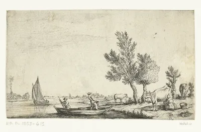 Rivierlandschap met twee mannen in een roeiboot