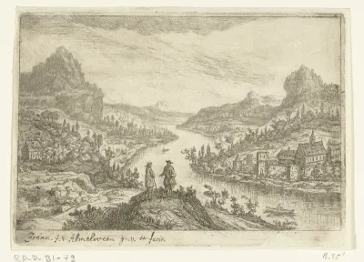 Rivierlandschap met twee mannen op een heuvel