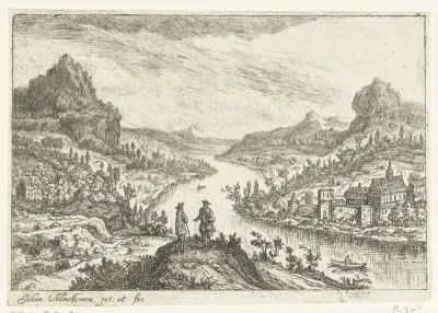 Rivierlandschap met twee mannen op een heuvel