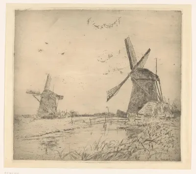 Rivierlandschap met twee molens