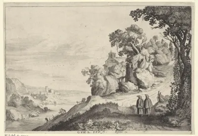 Rivierlandschap met twee monniken op een bergpad bij een kapel