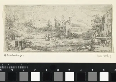 Rivierlandschap met twee vrouwen op een brug